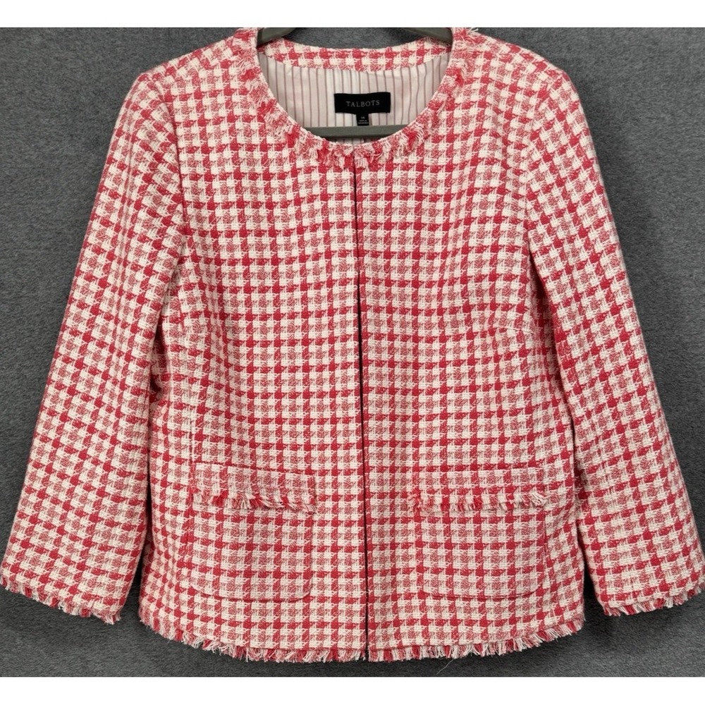 Women's Coral Pink Ivory Tweed Jacket Blazer Talbots Size 14 Lined Classic